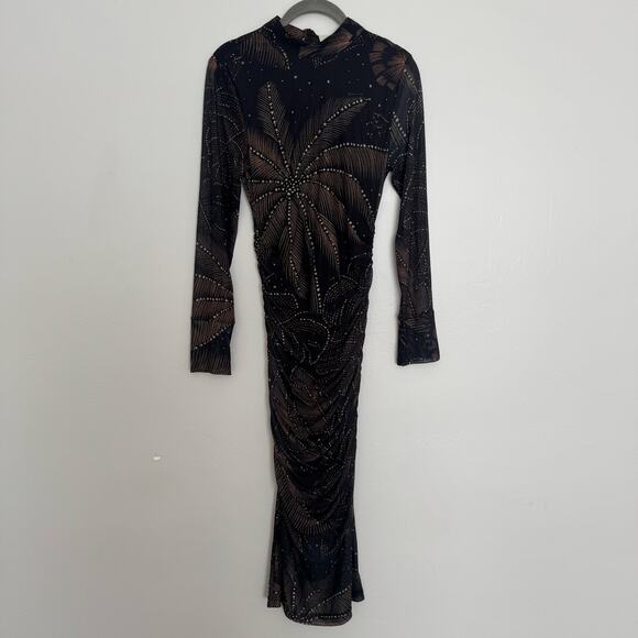 Farm Rio Black Golden Foliage Tulle Midi Dress - Picture 2 of 8